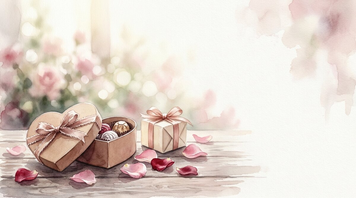 Valentine award certificate guide - watercolor of heart chocolate box and rose petals