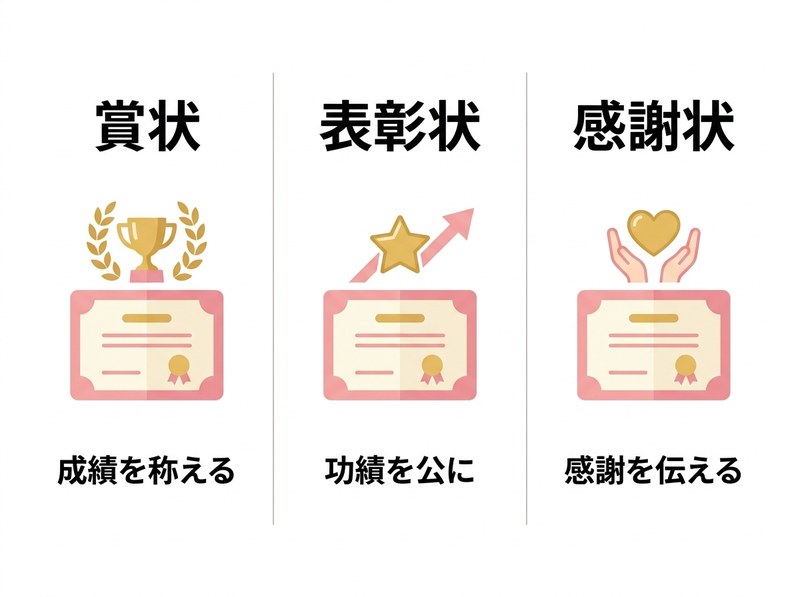 賞状・表彰状・感謝状の違いを表すアイコン図 - トロフィー(成績)・星と矢印(功績)・ハート(感謝)
