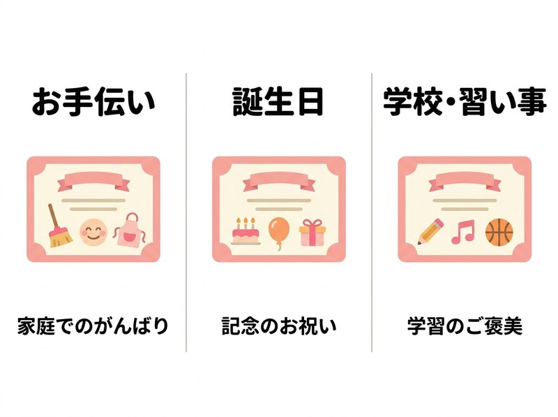 子供の表彰状3つのシーン - お手伝い / 誕生日 / 学校・習い事