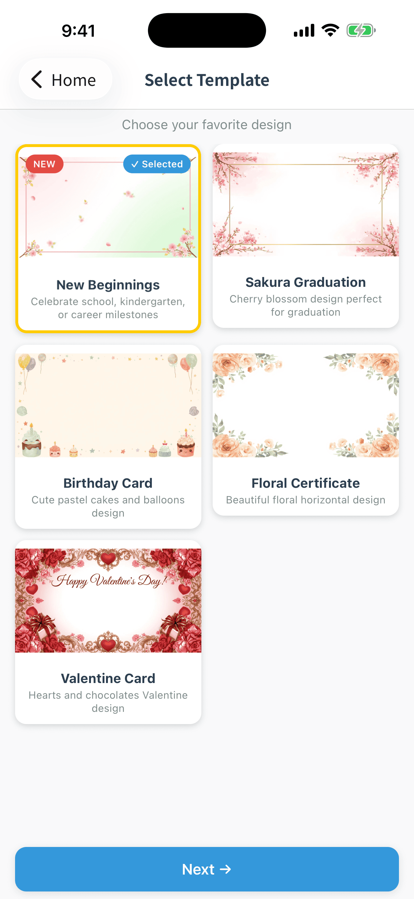 Award Certificate Creator template selection - choose from 9 designs
