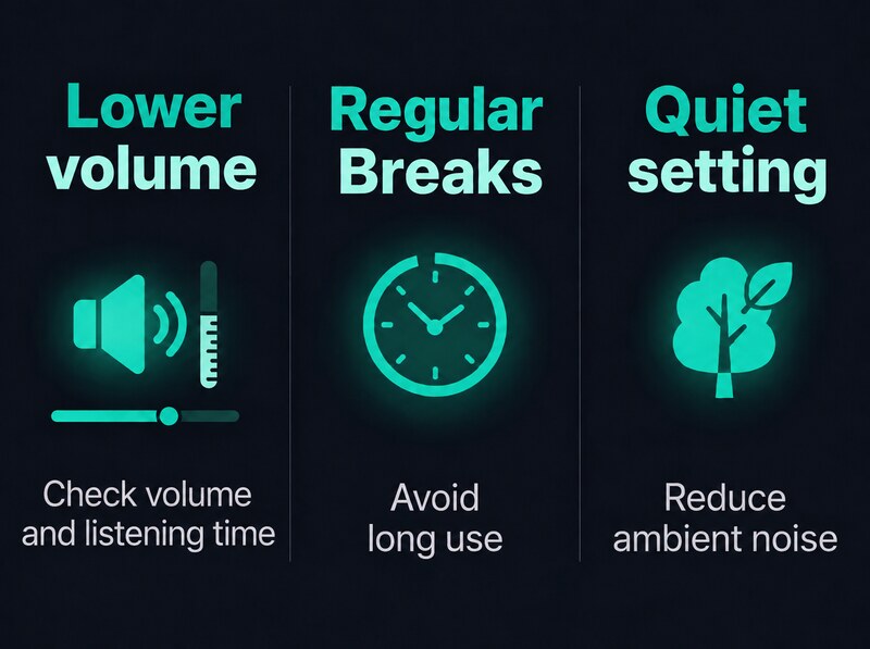 Three earphone hearing protection tips - Keep volume low / Regular breaks / Quiet environment