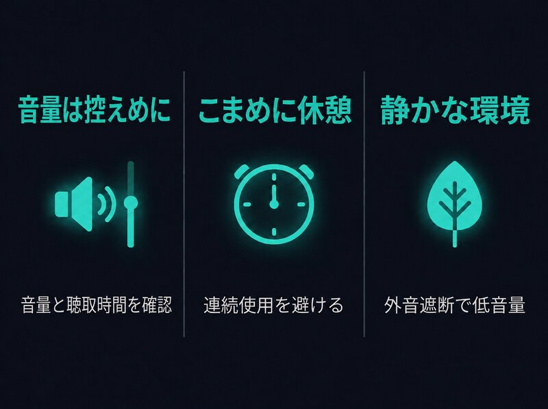 イヤホン難聴予防の3つのポイント - 音量を抑える / こまめに休憩 / 静かな環境