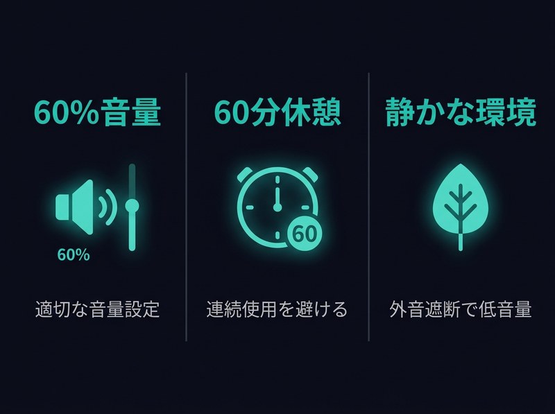 イヤホン難聴予防の3つのポイント - 60%音量 / 60分休憩 / 静かな環境