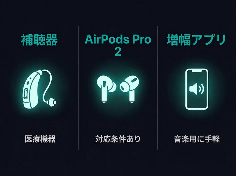聴覚補助と音楽再生の比較 - 補聴器 / AirPods Pro 2（対応条件あり） / 増幅アプリ