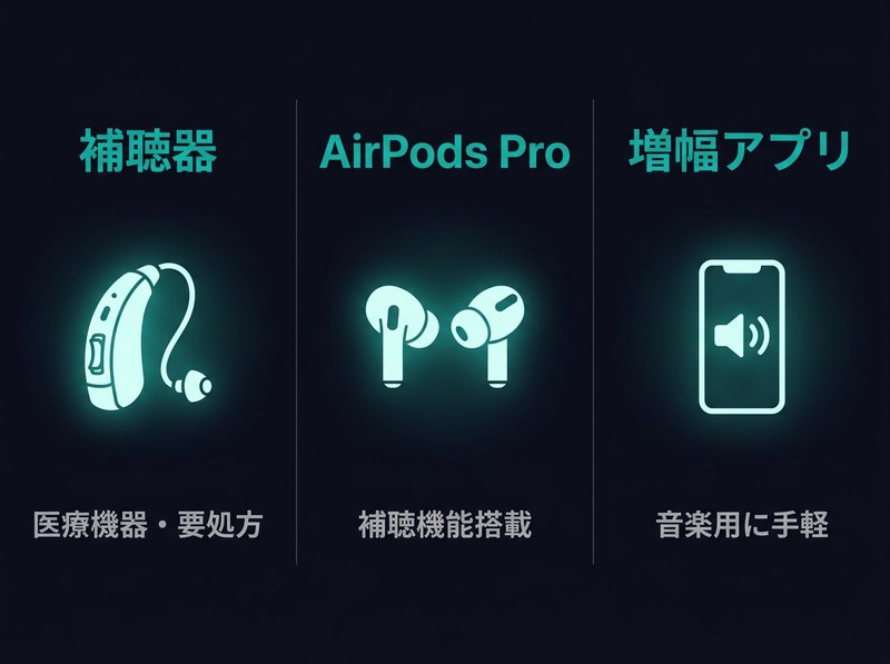 聴覚補助の3つの選択肢 - 補聴器 / AirPods Pro / 増幅アプリ